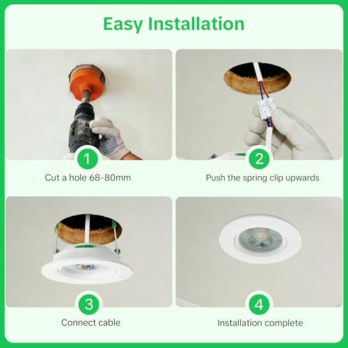 Aulaiyi LED Recessed Spotlight 230 V 68-80 mm Hole Size 5 W IP44 LED Spot Ultra Flat Ceiling Spotlights 45° Swivelling Recessed Lights 2700 K / 4000 K / 6000 K Spotlights Ceiling Light for Bathroom