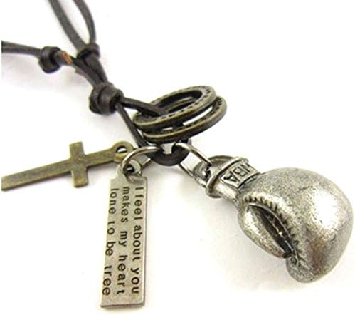 HotVally Men Gold Brown Punk Vintage Alloy Leather Boxing Glove Pendant Necklace (#XL101)
