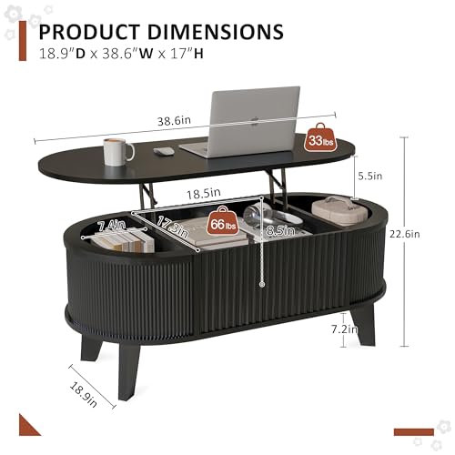 LYNCOHOME Fluted Lift Top Coffee Table with Hidden Compartment, Modern Oval Coffee Table for Living Room, Home Office (Black)