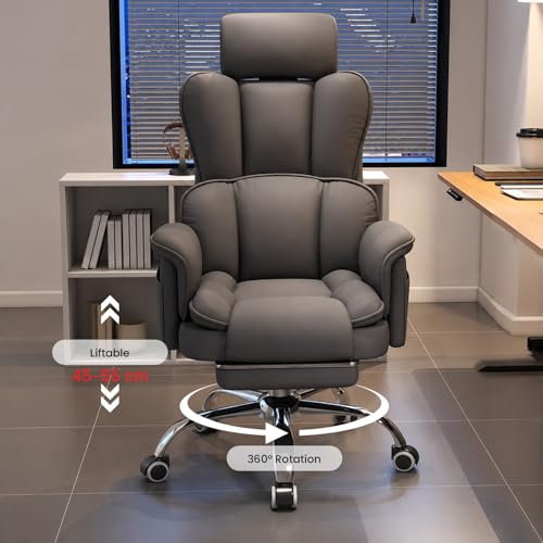 Ergonomic Office Chair with Footrest Executive Desk Chair Big and Tall Gaming Chair PU Leather Computer Chair with Swivel Wheels for Home Office Bedroom Study (White)