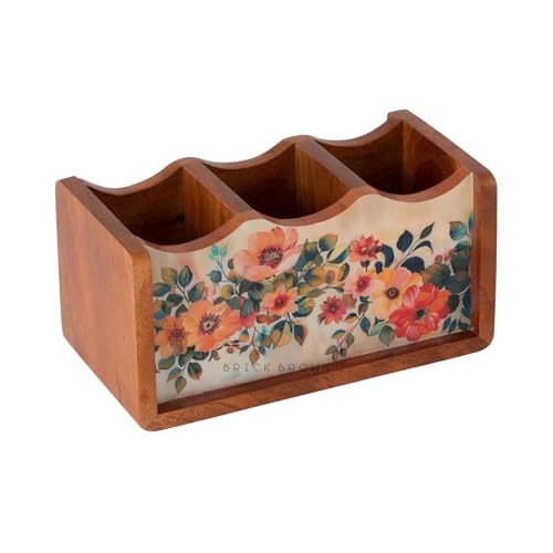 Brick Brown ® Premium Wooden Pastel Flora Cutlery Holder Spoon stand for kitchen | cutlery holder for dining table | wooden caddy storage organiser stand with 3 section Caddy holder (8.2x4.2x4 inch)