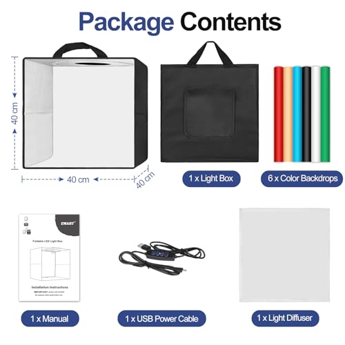 EMART Photo Light Box 40 x 40 cm Photo Studio with 120 LED Lights | 6 Waterproof Bottoms, Portable Adjustable Shooting Tent Kit, Jewelry and Small Items