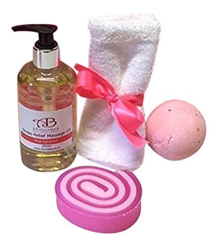 Aromabar Yummy Mummy Gift Set with Rose Geranium Massage Oil, Bath Bomb and Rose Soap Slice Ideal for Mothers Day, Birthdays or New Mum