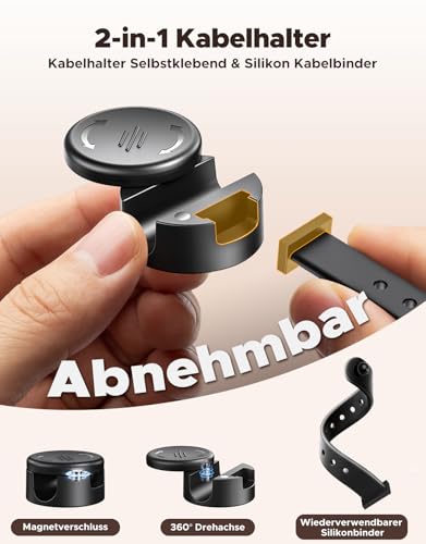 8 Stück Kabelhalter Selbstklebend mit Silikon Kabelbinder [2-in-1], Magnetische Kabel Organizer Clips [Glatt Verstellbar & 1-Sek-Verschluss], Stark Haftender Cable Management für Schreibtisch