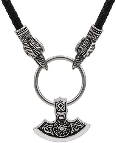 TTKP Viking Leather Cord Ravens of Odin Thor's Hammer Mjolnir Scandinavian Necklace Raven Head Huginn and Muninn