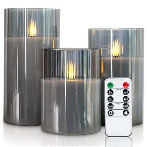 Amagic Grey Ribbed Glass Flameless LED Candles with Remote