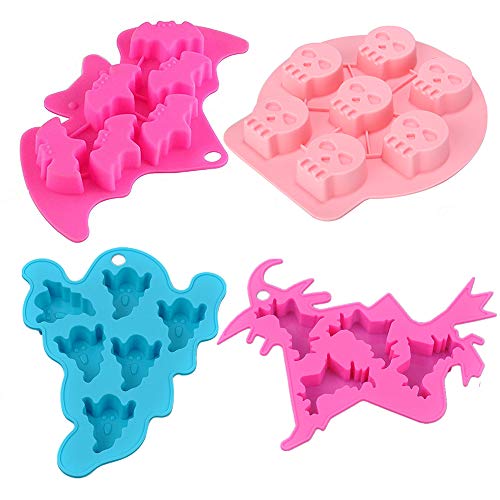 4Pcs/Set Halloween Chocolate Molds, Bat Skull Ghost Witch Silicone Mold for Candy Cake Baking Making Mini Soap Halloween Party Favors Supplies for Kids (Random Color)