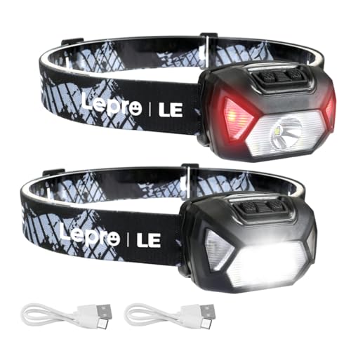 Lepro D5000 Super Bright Rechargeable LED Headlamp, 2000Lux LED Head Torch White and Red Light 6 Lighting Modes IPX4 for Running, Fishing, Cycling, Camping – 2 Pcs