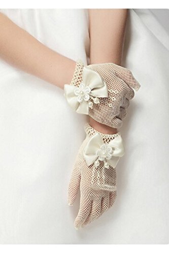 Flower Girls Gloves, Ivory Lace Net Voile Short Princess Bowknot Gloves for Wedding