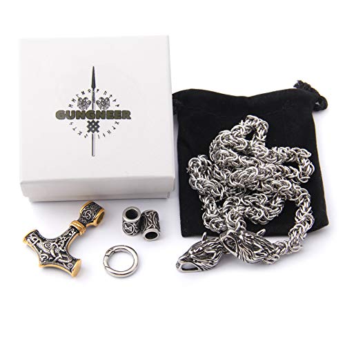 GUNGNEER Thor's Hammer Pendant Mixed Gold Color Viking Mjolnir Necklace for Men with Wolf Head, 316L Stainless Steel Bonus 2 Rune Beads (28)