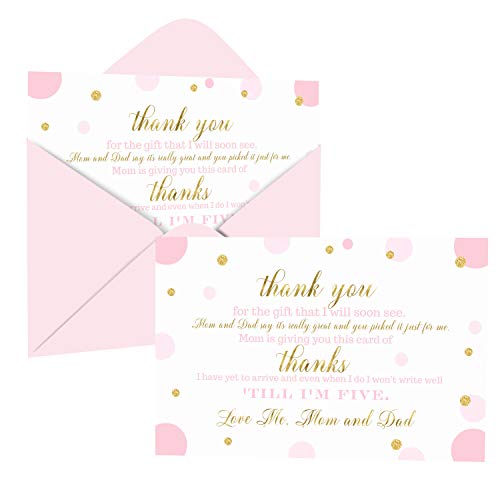 Pink and Gold Baby Shower Thank You Cards with Envelopes (15 Pack) Prefilled Note from Girl – Individual Notecards to…