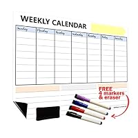 Magnetic Weekly Dry Erase Calendar 16" x 12" with Premium Stain Resistant Technology - 4 Magnetic Dry Erase Markers with Large Eraser - White Board Calendar for Wall or Fridge - Ships Flat