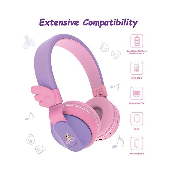Headphones-Riwbox-BT05-Wings-Kids-Headphones-Wireless-Bluetooth-Over-Ear-85dB103db-Volume-Control-Children-Foldable-Headphones-with-MicTF-Card-Compatible-with-TabletSmartphoneSchool-PurplePink Headphones, Riwbox BT05 Wings Kids Headphones Wireless Bluetooth Over Ear 85dB/103db Volume Control Children Foldable…
