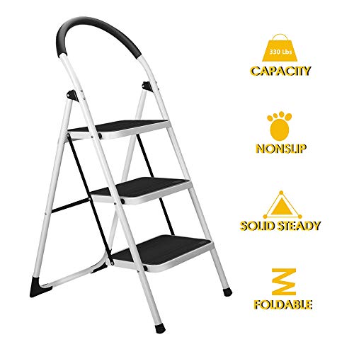 3 Step Stool, Gimify Folding Step Ladder Steel Stepladders (Upgraded Version) Non-Slip Sturdy Steps Wide Pedal with Comfortable Hand Grip for Home Kitchen Garden Office 330 lbs