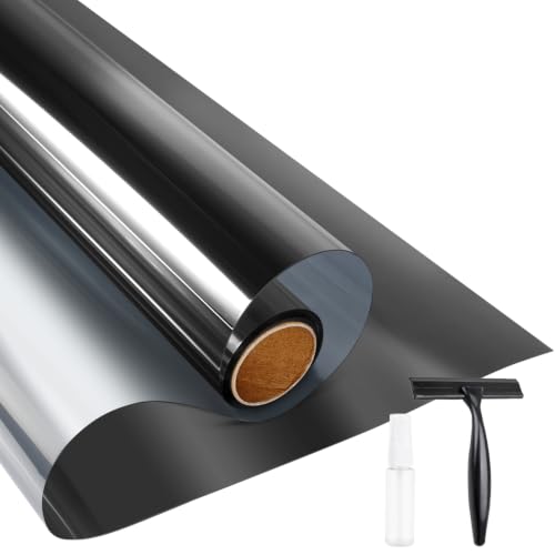 KESPEN Window Privacy Film One Way Daytime Privacy Static Cling Sun Blocking Anti UV Reflective Window Tint for Home and Office, Black-Silver, 17.5 Inch X 6.5 Feet
