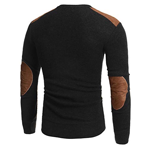 Sunhusing Men's Casual Round Neck Knit Sweater Top Fashion Autumn Patchwork Knitwear Pullover Shirt Black