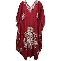 Mogul Interior Women Kaftan Maxi Dress Maroon Embellishe Lounge Wear Caftan Dresses One Size