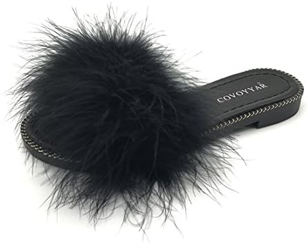 COVOYYAR Women's Fuzzy Fur Slide Slippers Flat Sandals (8.5, black)