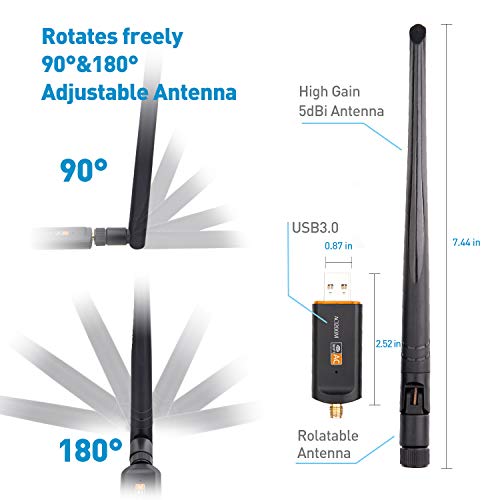 WiFi Adattatore USB 3.0 AC 1200 Mbps WiFi doppia banda 2.4G/5GHz, Antenna WiFi Dual Band per PC Desktop Portatile Tablet, Sistemi operativi Windows XP/Vista/7/8/10, Linux, Mac OS X
