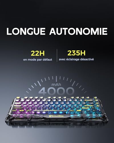 GravaStar Mercury K1 Lite Mechanical Gaming Keyboard with BT5.0/2.4G/Type-C, 75% Gasket RGB Backlit Gamer Keyboard, Pre-Lubricated Linear Switches, QWERTY (Black Transparent)