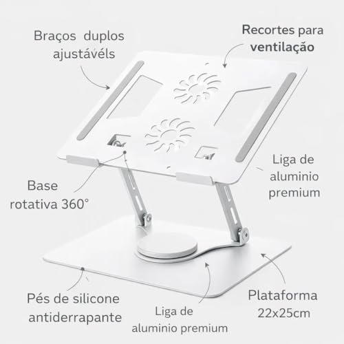 Suporte para Notebook e Tablet com Rotação 360°, Altura e Inclinação Ajustáveis e Braços Duplos — Alumínio Ergonômico Dobrável, 11 a 17 Polegadas, alta resistência