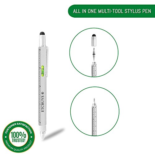 Screwdriver Pen Pocket Multi-Tool 6 in 1 - Multi-Functional & Sturdy Aluminum DIY Tool, with Screwdriver, Stylus, Bubble Level, Ruler & Phillips Flathead Bit, Unique Gift Idea (Silver)