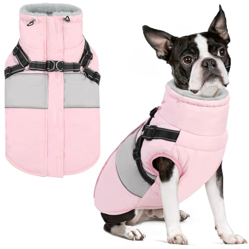 Aofitee Hundemantel Für Kleine Hunde, Wasserdicht Warme Hundejacke Mit Geschirr, Winddicht Hunde Wintermäntel Mit Reißverschluss &Amp; Fleecefutter, Reflektierend Welpen Winterweste,Rosa Xs