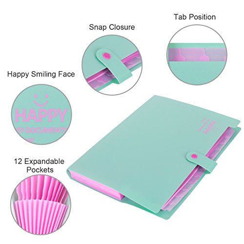 Expanding File Folder 12 Pockets With Snap Closure, Yigou Portable Accordion Document Organizer Letter A4 Paper Size [Green]