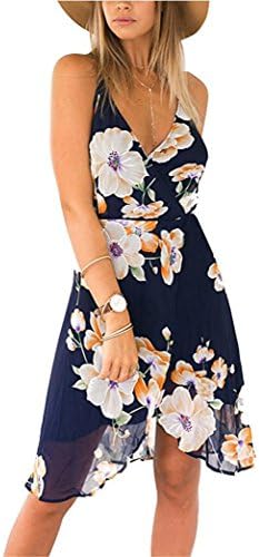 Ouduokiya Women Chiffon Sexy Strapped Deep V-neck Print Backless Summer Style Dress (XL, Navy Blue)