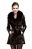 Queenshiny Women's Sheep Leather and Mink Fur Coat with Fox Collar-Brown-M(8-10)