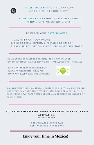 Telcel Mexico Prepaid SIM Card with 2GB Data and Unlimited Calls and SMS