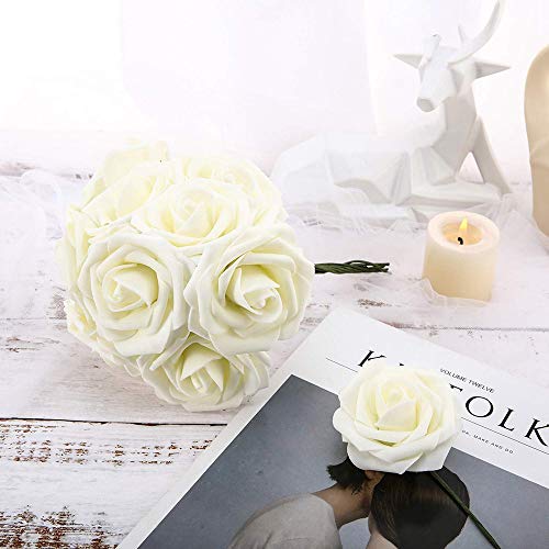 Higfra Artificial Flowers Cream Roses Real Looking Fake Roses w/Stem for DIY Wedding Bouquets Centerpieces Arrangements Party Baby Shower Home Decorations - Cream - Thumbnail 5