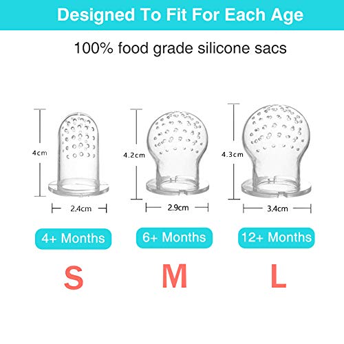 Baby Fruit Feeder Pacifier (2 Pack) Fresh Food Feeder with 3 Sizes Silicone Pouches Infant Fruit Teething Toy Includes 2 Pack Pacifier Clips and 4 Pack Baby Feeding Spoons