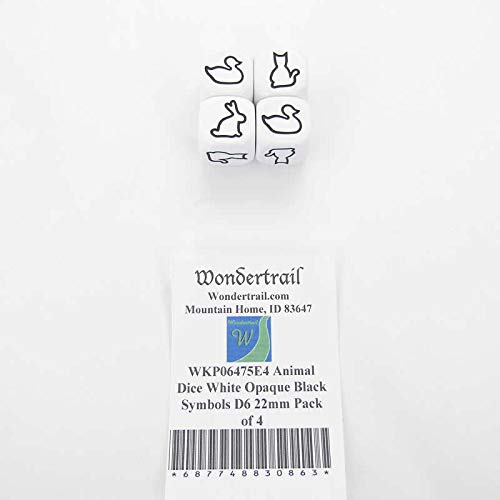 Animal Dice White Opaque Dice with Black Symbols D6 22mm (7/8in) Pack of 4 Wondertrail