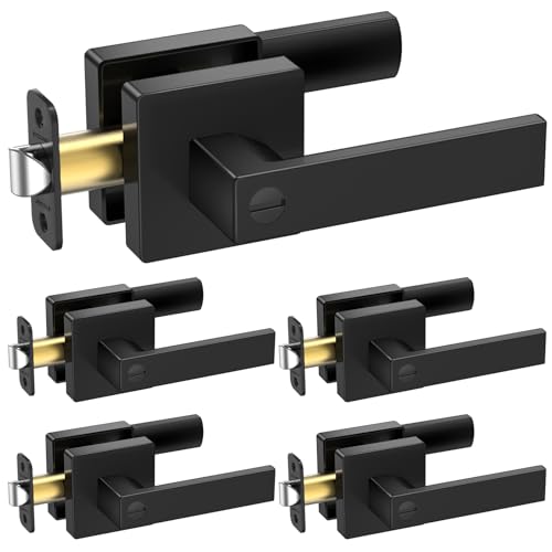 TICONN 5PK Matte Black Door Handles Interior, Reversible Square Door Levers Knob