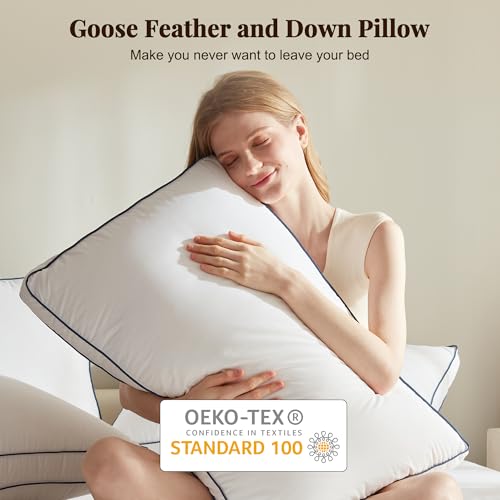 Cosybay Goose Feather and Down Pillows Queen Size Set of 2, Luxury Hotel Collection Bed Pillows for Sleeping, 600 Thread Count Cover, Gusseted Design, Medium Firm, Soft Support, White, 20x30 Inch