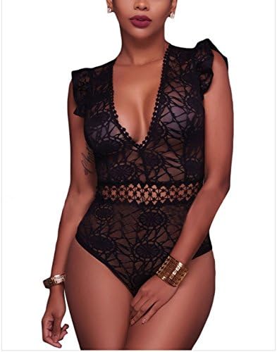 Migaoeco Women's One-Piece Floral Tattoo Lace Plunge Bodysuit Party Top Ladies Sleeveless V Neck Back Leotard