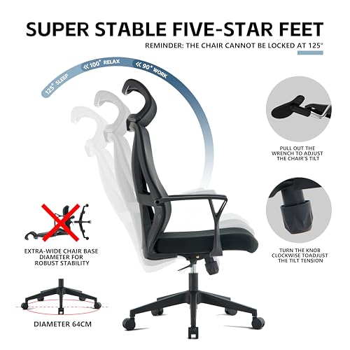 VOFFOV Ergonomic Office Chair with Fixed Wide Headrest, High-Back Mesh Desk Chair with Lumbar Support and Armrests, Swivel Computer Chair for Home Office (Black Headrest)