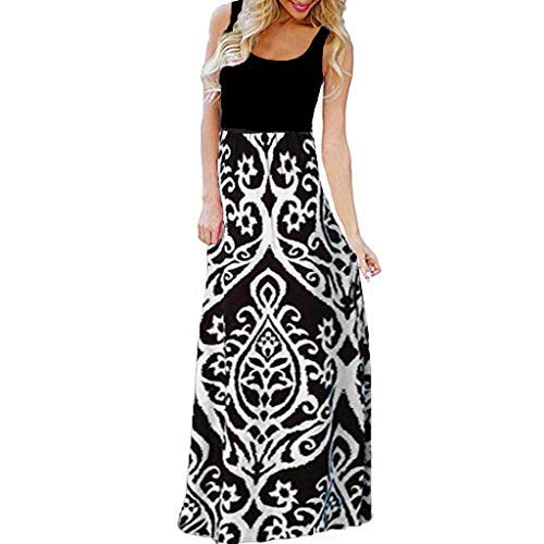 Womens Long Maxi Dress, Striped Straight Sleeveless Tank Party Floral Casual Summer Party Dress (M, White 2)