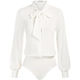 Kate Kasin Women Bow Tie Neck Office Blouse Button Down Long Sleeve Bodysuits Blouse Top