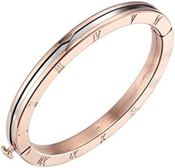 316L Stainless Steel and Roman Numeral Style Bangle Bracelet Sliding, Rose Gold Tone