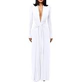 DAAWENXI Women's Sexy Deep V Neck Maxi Dress Long Sleeve Tie Wedding Guest Cocktail Evening Dresses