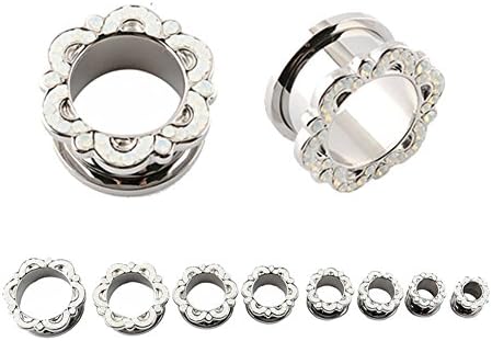 White Opal Gems Rimmed Screw Fit Flower Design Stainless Steel Ear Gauges Flesh Tunnel Plugs Earlets 16MM