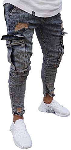 Musuos Men's Ripped Skinny Distressed Destroyed Straight Fit Side Striped Zipper Jeans with Holes