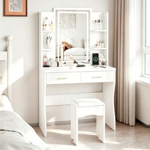 Beauenty Makeup Vanity Table, Vanity Desk with LED Mirror and Stool, Modern Simple Dressing Table with 2 Drawers and Multi-level Storage, Vanity Set Gifts for Women and Girls, White (80 * 40 * 140cm)