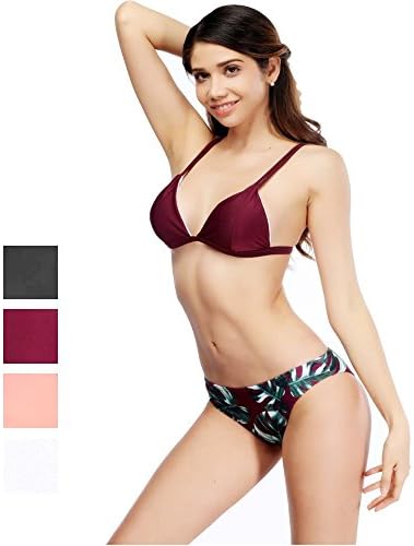 Women's Bikini Set V Neck Spaghetti Strap Floral Leaf Print Triangle Swimsuits Bikinis Sexy Beach 2 Piece Bathing Suits (Small, Red)