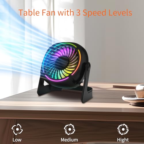Small USB RGB Desk Fan Portable Table Fan with 3 Levels Air Flow,8 Color LED Lights, 360° Rotation,Quiet Mini Personal Fan for Home Office Desktop (UF-4B)