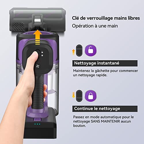 Yassol Aspirateur sans Fil, Aspirateur Balai sans Fil Puissant 55000Pa Pliable, 55Min Autonomie, Aspirateur sans Sac Léger Anti-Emmêlement pour Sol Dur Tapis Poils d'animaux Voiture(Violet)