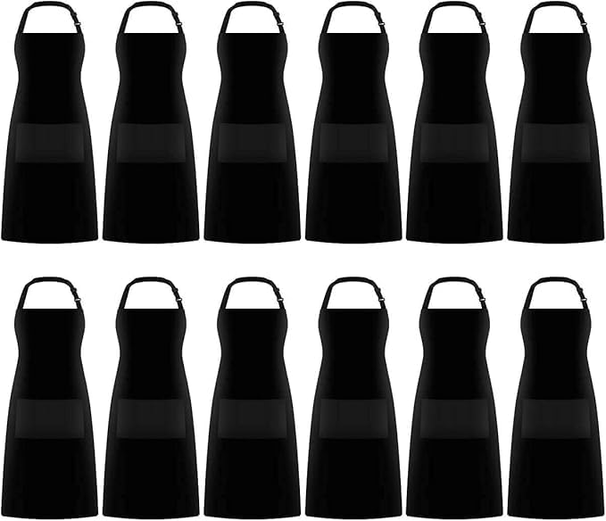 Xaztr 12 Pack Black Kitchen Aprons Bulk, Adult Cooking Chefs Aprons with Adjustable Neck Strap and 2 Pockets for Home Restaurant Catering, 69 x 84cm