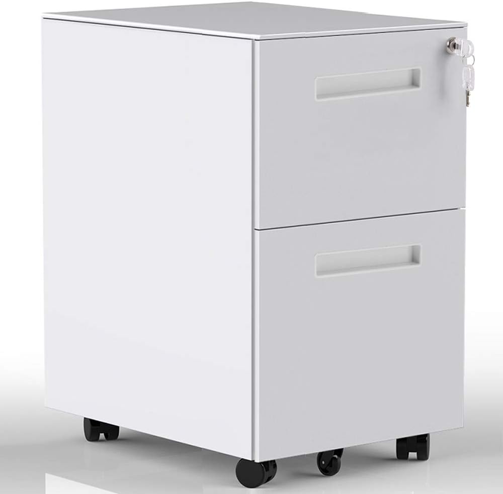 Amazon Com 2 Drawer Mobile File Cabinet With Lock Under Desk Vertical Mobile Filing Cabinet For Home And Office Steel Construction White Kitchen Dining